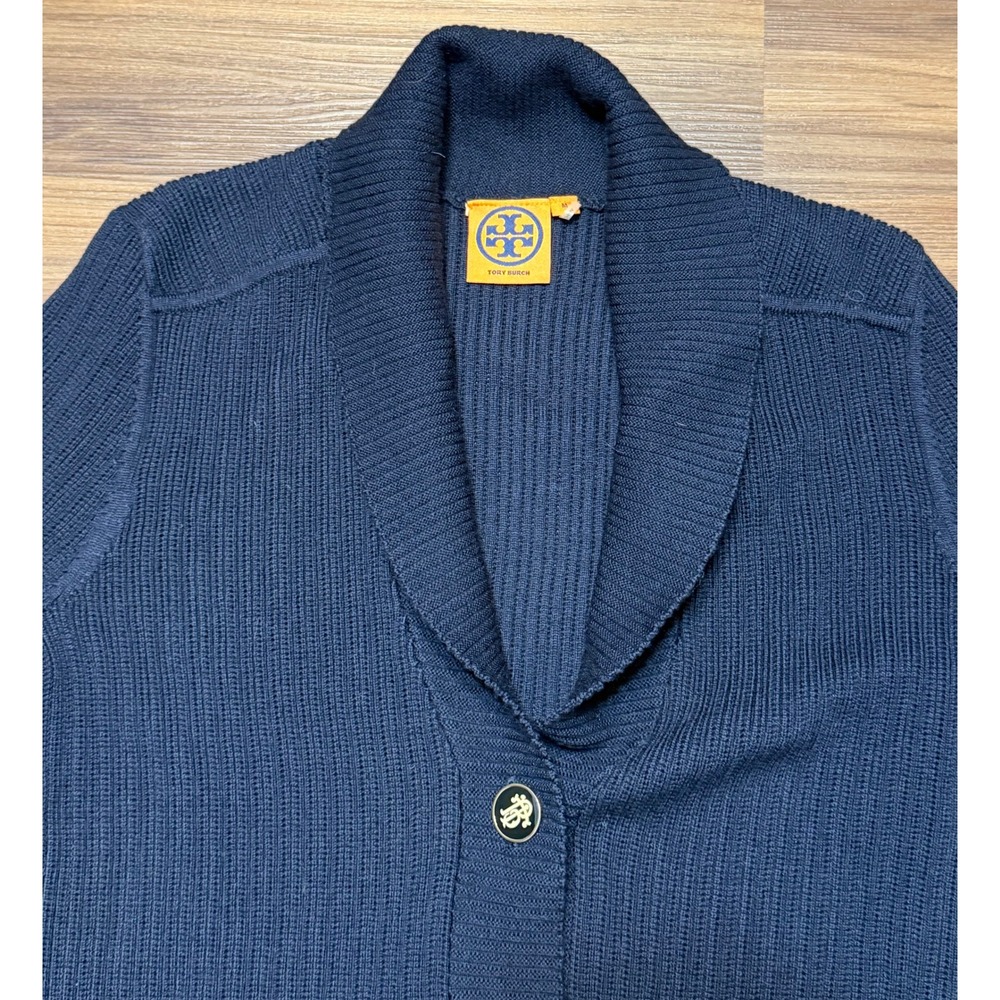 Tory Burch Marcia Navy Wool Ribbed Longline Cardigan Sweater Gold Buttons Sz M - Picture 4 of 9